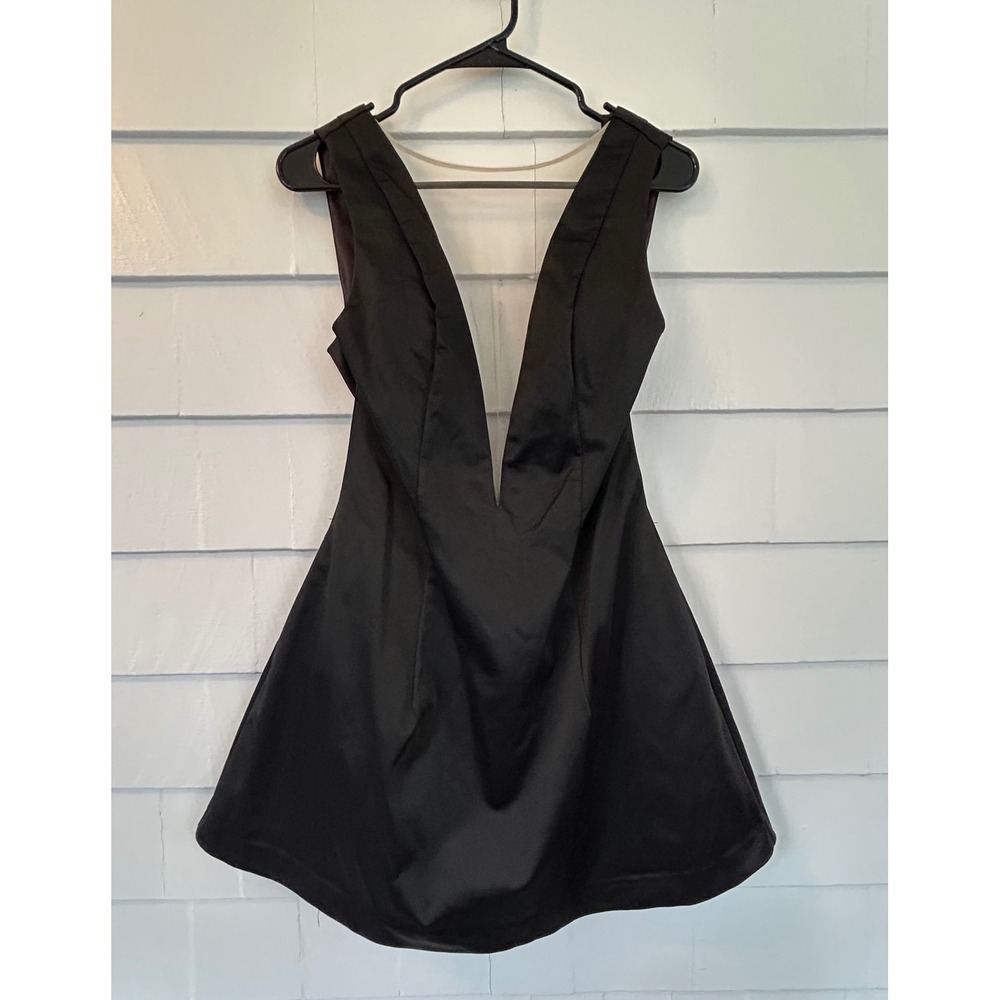 Bebe Black Tulle Front Low Back Satin Fit and Flare Cocktail Dress 10 NEW! $139